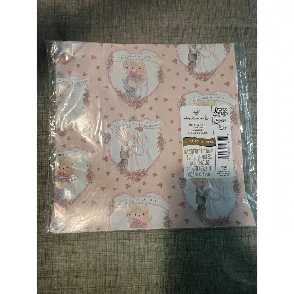 Vintage NOS Hallmark Precious Moments Wedding Gift Wrap 2 Sheets Pink EW4530